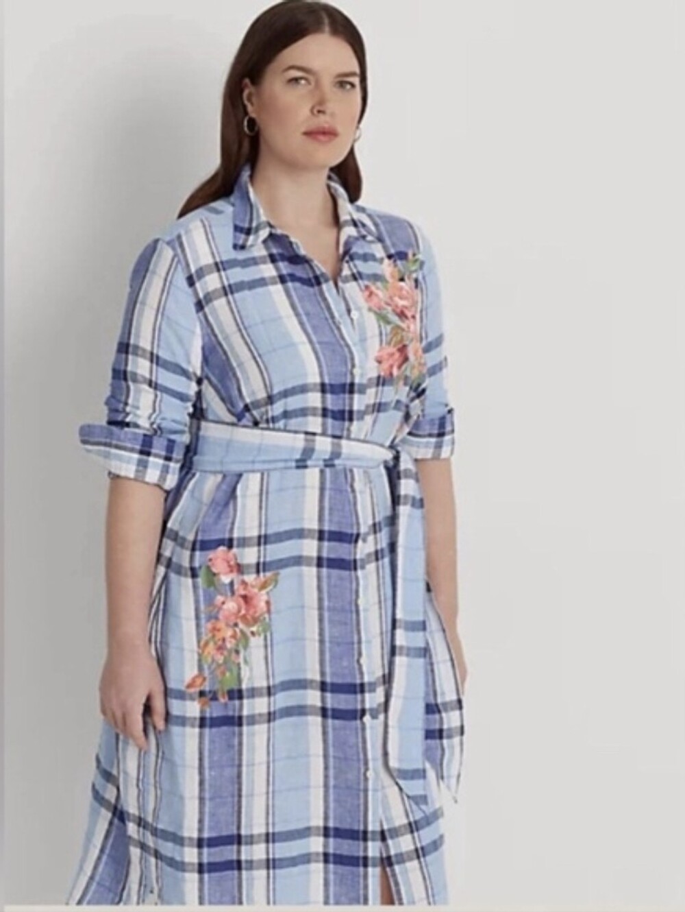 Ralph Lauren Plaid Shirt Dress with Floral Embroidery - Light Blue